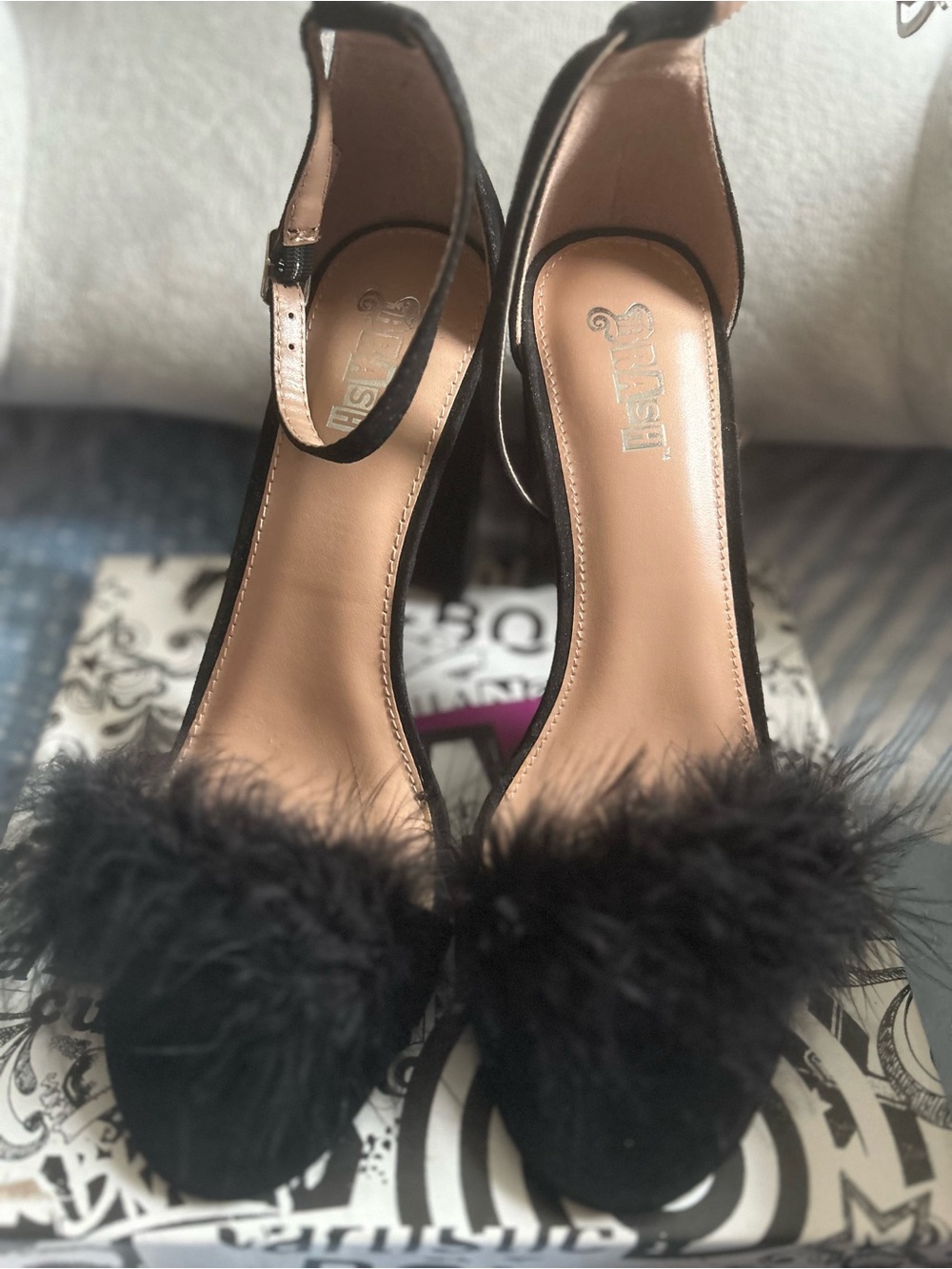 Black Feather-Trim Ankle Strap Heels - by Brash